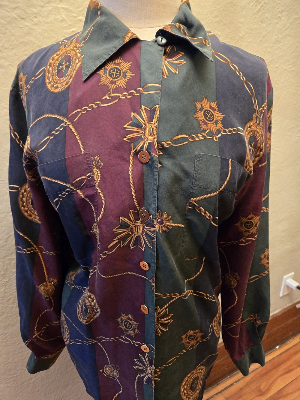 Vintage 100% Silk Button Up Shirt Equestrian Chain Print Ralph Lauren Style - Picture 7 of 10